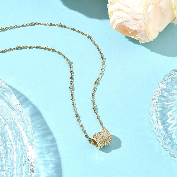 Colgante de latón con micro pavé de circonitas cúbicas transparentes y múltiples cuentas de anillo 304 Collares de cadena satélite de acero inoxidable para mujer