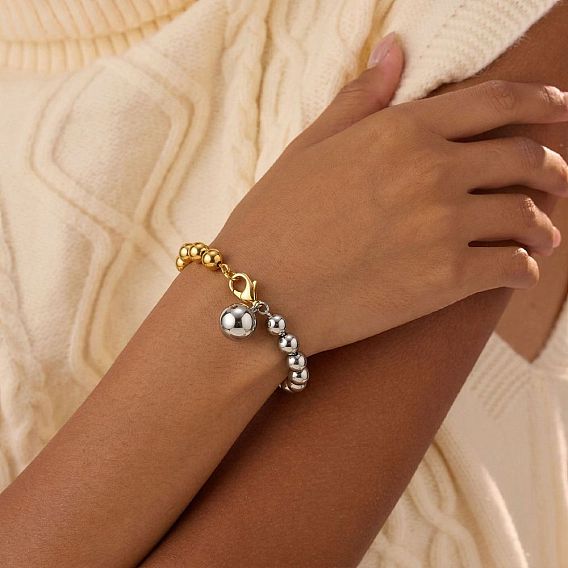 Duo Tone 304 Stainless Steel Ball Charm Round Beaded Bracelets for Women