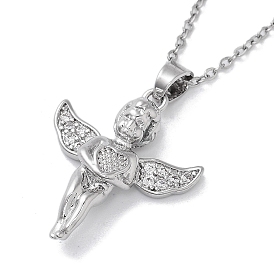 201 Stainless Steel Cable Chain Necklaces, Brass Clear Cubic Zirconia Angel Pendant Necklaces