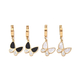 Resin Butterfly Dangle Hoop Earrings with Crystal Rhinestone, Gold Plated 304 Stainless Steel Jewelry for Women