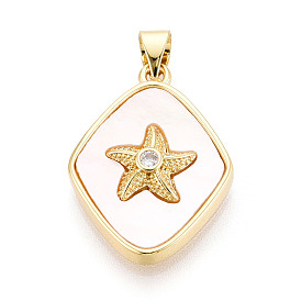 Латунные микропаве прозрачные подвески с фианитом, без кадмия и без свинца, с оболочкой, ромб и морская звезда