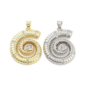 Rack Plating Brass Clear Cubic Zirconia Pendants, Long-Lasting Plated, Lead Free & Cadmium Free, Snail Shell