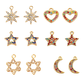 12Pcs 6 Style Alloy Rhinestone Pendants, Mixed Shape, Golden