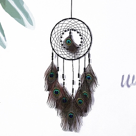 Woven Net/Web with Peacock Feather Pendant Decoration, with Iron Finding, Hanging Decorations