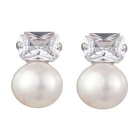 Natural Pearl Ear Studs, with Sterling Silver Micro Pave Clear Cubic Zirconia Findings, Rectangle & Round