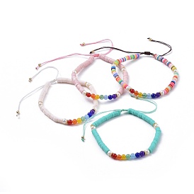 Chakra Jewelry, Nylon Thread Braided Beads Bracelets, with Polymer Clay Heishi Beads, Natural Malaysia Jade(Dyed) Beads and Pearl Beads