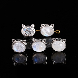 Natural Moonstone Beads, Alloy Cat Head Beads, Platinum