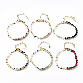 Brass Micro Pave Cubic Zirconia Strass & Paperclip Chain Bracelets, with 304 Stainless Steel Clasp