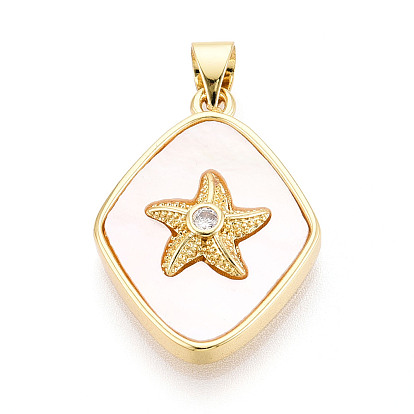 Латунные микропаве прозрачные подвески с фианитом, без кадмия и без свинца, с оболочкой, ромб и морская звезда