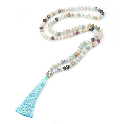 Collares con borla de poliéster, Con cuentas de piedras preciosas naturales y hallazgos de metal., Embalaje de arpillera, Buda