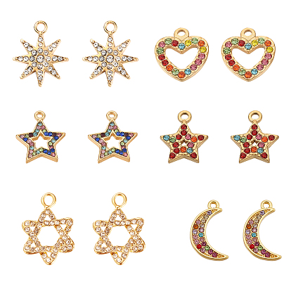 12Pcs 6 Style Alloy Rhinestone Pendants, Mixed Shape, Golden