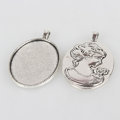 Tibetan Style Alloy Pendant Cabochon Settings, Cadmium Free & Lead Free, Oval Carved Woman Portrait, Tray: 30x40mm, 51x32x3mm, Hole: 4x7mm, about 85pcs/kg