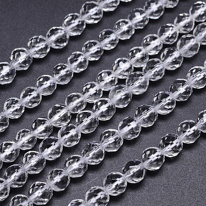 Faceted(64 Facets) Natural Quartz Crystal Round Bead Strands