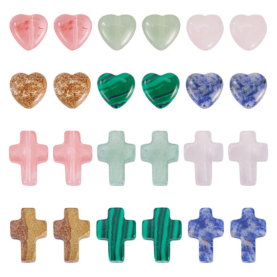 24 шт. 12 стили: вишневый кварц, стекло, синтетический малахит, натуральная голубая яшма, живописная яшма, зеленый авантюрин и бусины из розового кварца, сердце и крест