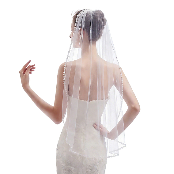 Velos de novia largos de encaje de organza, con perlas de imitación y peine de hierro