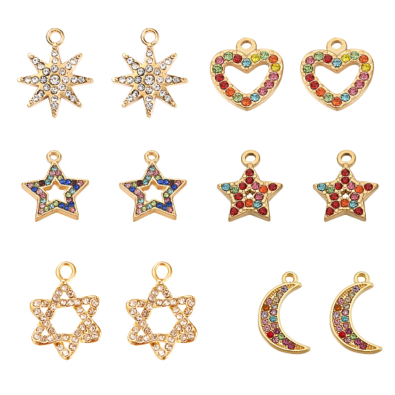 12Pcs 6 Style Alloy Rhinestone Pendants, Mixed Shape, Golden