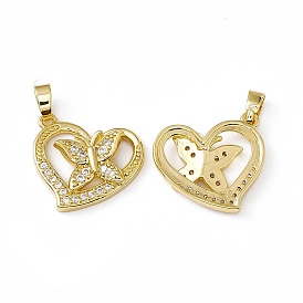 Brass Micro Pave Clear Cubic Zirconia Pendants, Heart with Butterfly Charm