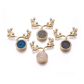 Electroplated Natural Druzy Quartz Pendants, with Cubic Zirconia and Brass Findings, Flat Round and Antler, Golden