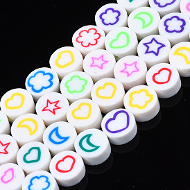 Handmade Polymer Clay Bead Strands, Flat Round with Flower & Moon & Star & Heart