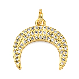 Rack Plating Brass Micro Pave Cubic Zirconia Pendants, Lead Free & Cadmium Free, Long-Lasting Plated, Double Horn/Crescent Moon