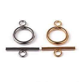 Ion Plating(IP) 304 Stainless Steel Ring Toggle Clasps, Ring: 19x14x2mm, Bar: 20x7x2mm, Hole: 3mm