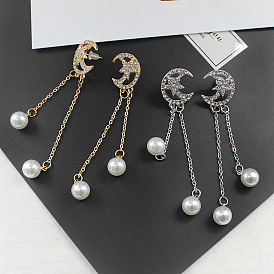 Chic Tassel Long Earrings with Moon and Star Design, Sparkling Rhinestone Accents - Elegant Alloy Ear Jewelry