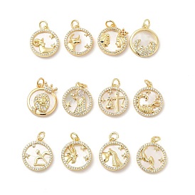 Brass Clear Cubic Zirconia with Shell Pendants, Flat Round Charms with Constellation Pattern, Golden