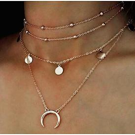 Multi-layered Beaded Choker Necklace with Moon Pendant and Round Discs