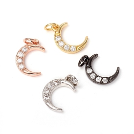 Brass Micro Pave Clear Cubic Zirconia Charms, with Jump Rings, Long-Lasting Plated, Moon