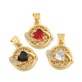 Rack Plating Brass Micro Pave Cubic Zirconia Pendants, Cadmium Free & Lead Free, Long-Lasting Plated, Real 18K Gold Plated, Heart