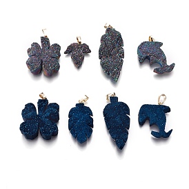 Electroplated Natural Druzy Quartz Pendants, with Brass Findings, Mixed Shapes, Golden