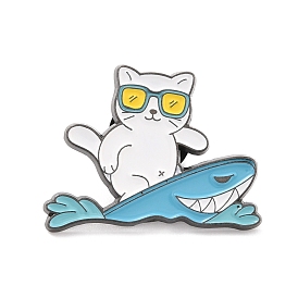 Cat Surfing Enamel Pin, Cute Animal Alloy Enamel Brooch for Backpack Clothes, Gunmetal