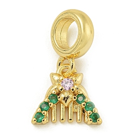 Rack Plating Brass Pave Green & Clear Cubic Zirconia Comb European Dangle Charms, Large Hole Pendants, Lead Free & Cadmium Free, Long-Lasting Plated