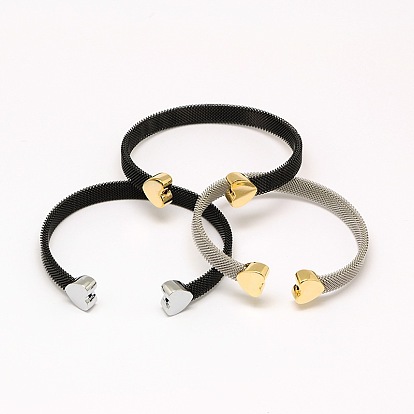 304 сетка из нержавеющей стали браслеты, манжеты браслеты, с фурнитурой сердца, 50~55x59~63 мм