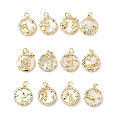 Brass Clear Cubic Zirconia with Shell Pendants, Flat Round Charms with Constellation Pattern, Golden