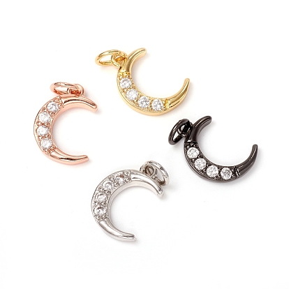 Brass Micro Pave Clear Cubic Zirconia Charms, with Jump Rings, Long-Lasting Plated, Moon