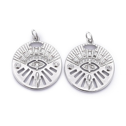 Латунные микропаве прозрачные подвески с фианитом, долговечный, с прыжковых колец, плоский круглый с конским глазом