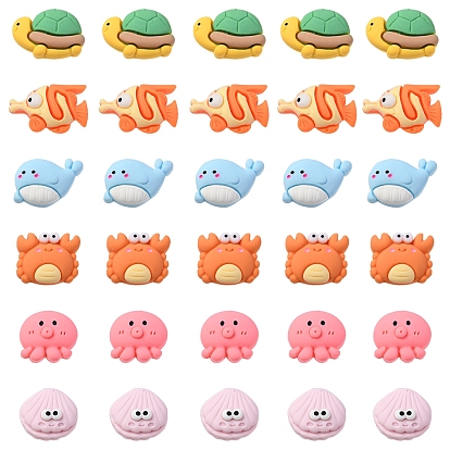 36Pcs 6 Styles Ocean Theme Opaque Resin Cabochons, Lovely Cartoon Sea Animal, Tortoise & Octopus & Sea Horse & Crab, Mixed Shapes