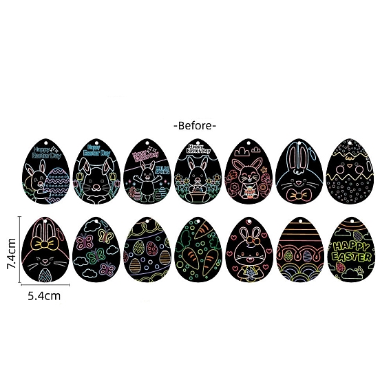 Царапина радуга живопись искусство бумага пасхальные яйца, сделай сам волшебное скретч-арт висячие украшения, в том числе 14яйца с бумажной карточкой, 14 шелковые ленты и бамбуковые палочки