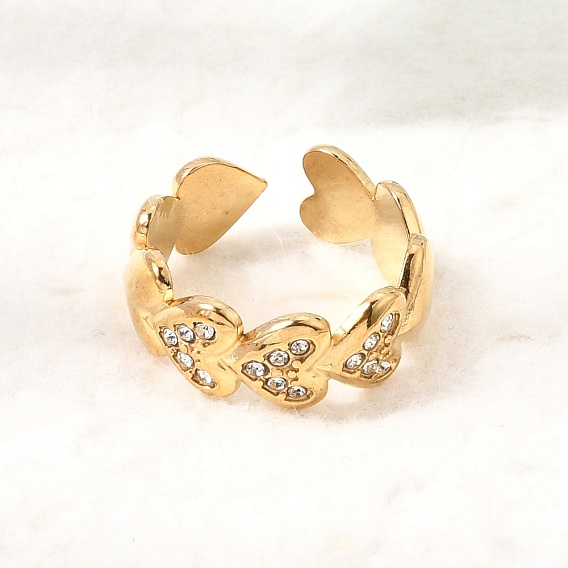 304 Stainless Steel Rhinestone Cuff Open Rings for Women, Heart, Ion Plating(IP)