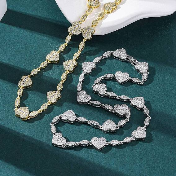 Ожерелья из цепочек с сердцем и конским глазом из латуни с микропаве из прозрачных кубических цирконий для женщин, без кадмия и без свинца, долговечный, стойки покрытие