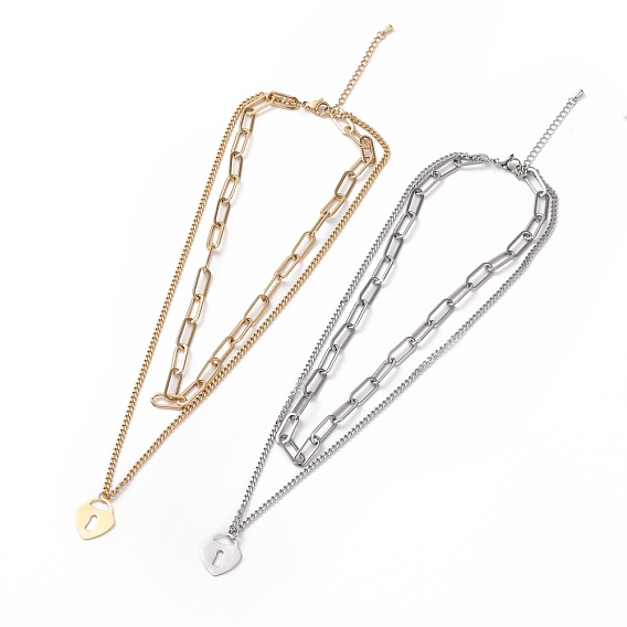 304 Stainless Steel Double Chains Multi Layered Necklace with Heart Padlock Charms for Women
