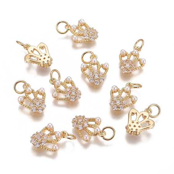 Brass Micro Pave Cubic Zirconia Charms, with Acrylic Beads, Long-Lasting Plated, Crown