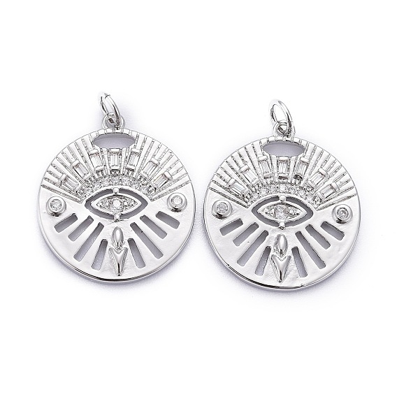 Латунные микропаве прозрачные подвески с фианитом, долговечный, с прыжковых колец, плоский круглый с конским глазом