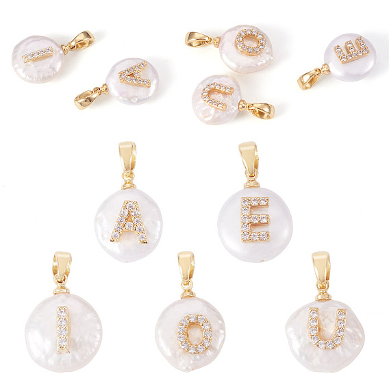 5 шт. 5 стили натуральные культивированные пресноводные жемчужные самородки с подвесками в виде букв, с латунными микро проложить кубических выводы циркония, золотые, белые