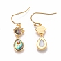 Brass Micro Pave Clear Cubic Zirconia Dangle Earrings, with Natural Shell and Ear Nuts, Teardrop