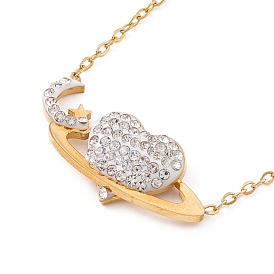 Crystal Rhinestone Heart Planet Pendant Necklace, Ion Plating(IP) 304 Stainless Steel Jewelry for Women
