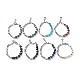 Round Mixed Gemstone Beaded Bracelet for Girl Women, 201 Stainless Steel Wheat Chain Bracelet, Stainless Steel Color