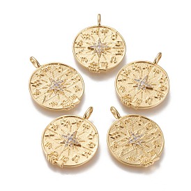 Brass Micro Pave Clear Cubic Zirconia Pendants, Long-Lasting Plated, Flat Round with Constellation Compass