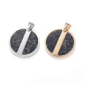 304 Stainless Steel Pendants, Flat Round, with Natural Howlite, Dyed